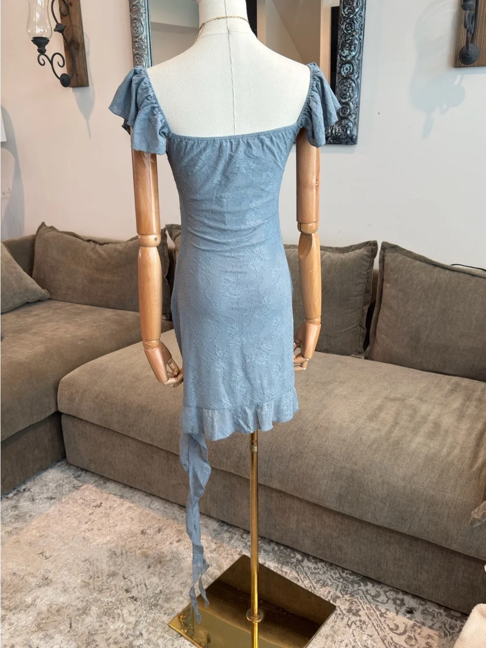 WeWoreWhat Asymmetrical Lace Mini Dress Dusty Blue | Size M - Picture 8 of 13
